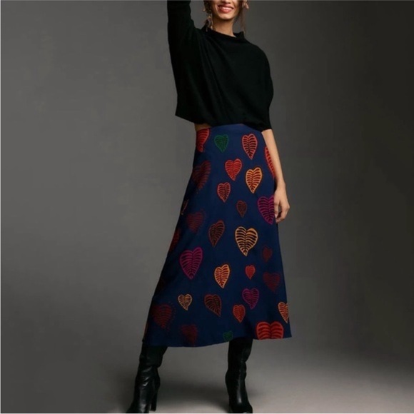 Farm Rio Anthropologie viscose Slip Midi Skirt Hearts Leaves - Picture 6 of 16